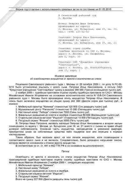 Правовые последствия признания иска об исключении имущества обоснованным